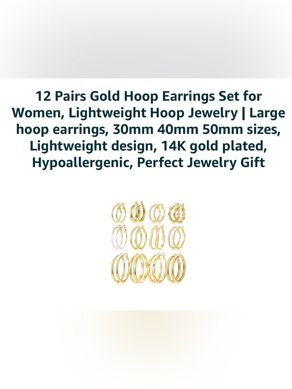 NIB 12 Pairs Gold Hoop Earrings Set - 14K Gold Plated Hypoallergenic Multipack